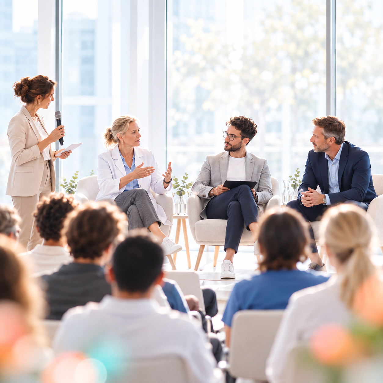 Panel discussion with four participants in a bright modern event space.