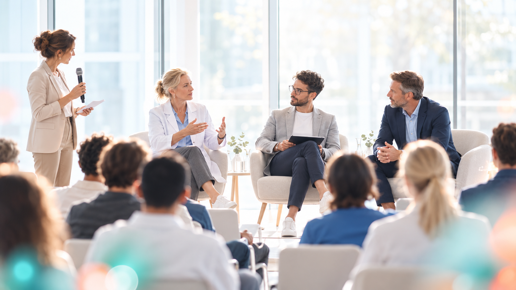 Panel discussion with four participants in a bright modern event space.