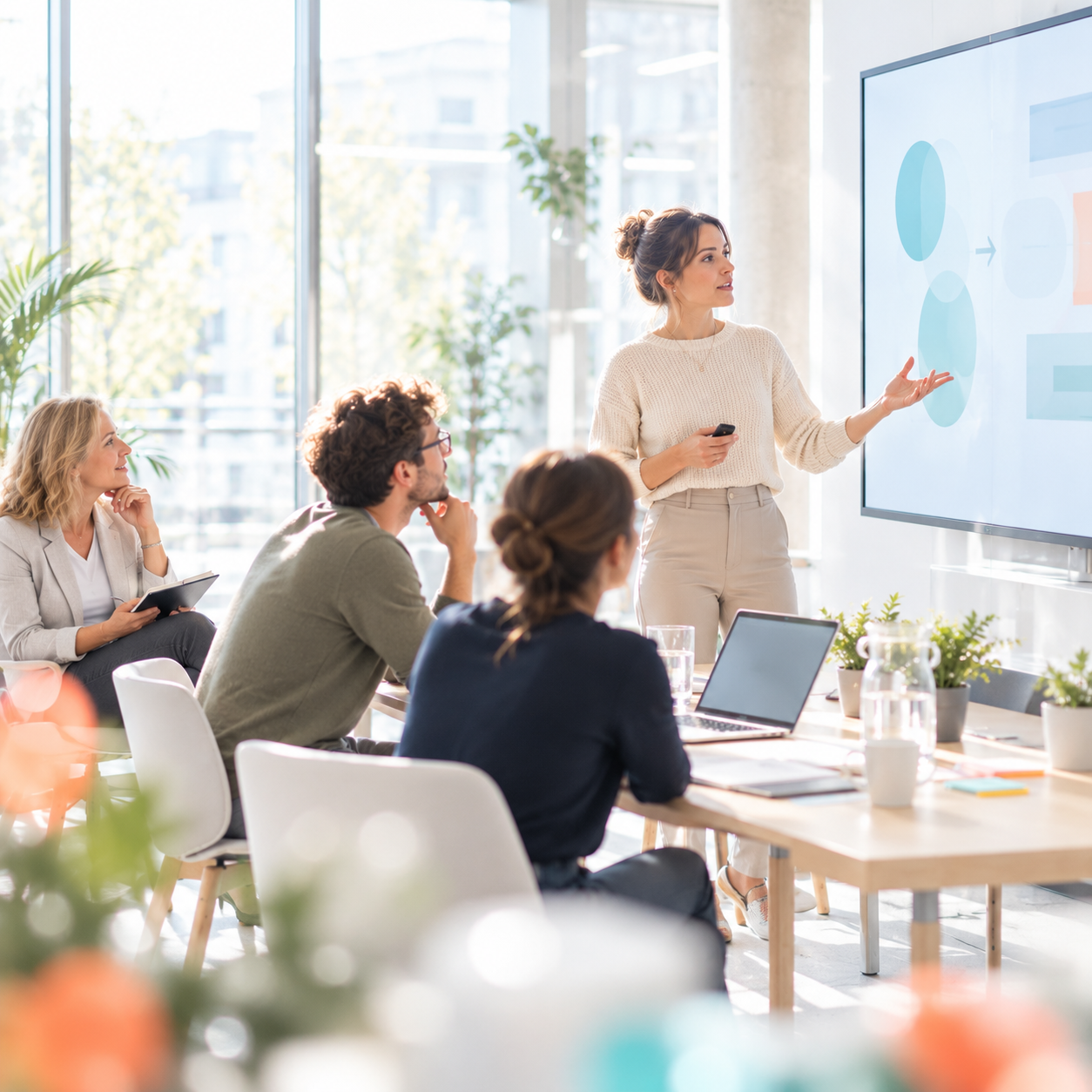 Young team rehearsing a presentation with a mentor in a bright meeting space