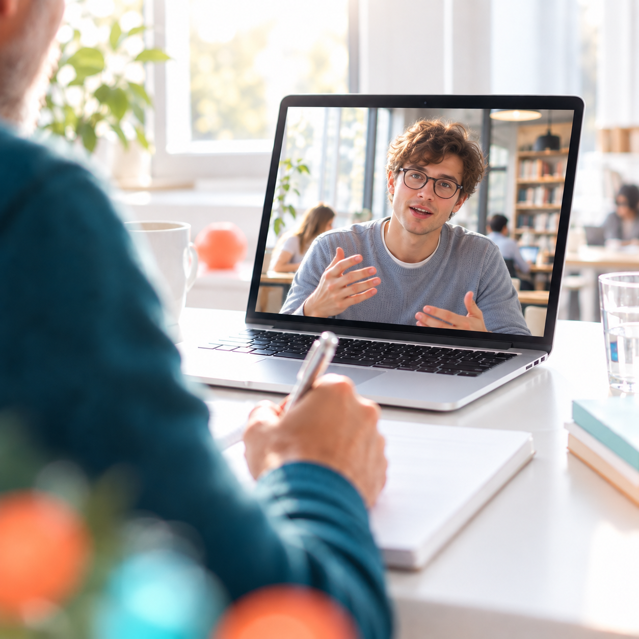 Young student talking to an advisor during an online consultation.